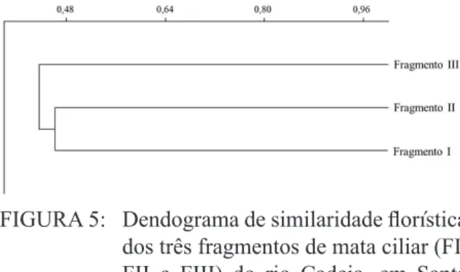 FIGURE 5: Floristic similarity dendogram of  three fragments of riparian forest (FI,  II and III) of river ‘Cadeia’, in Santa  Maria do Herval, RS state.