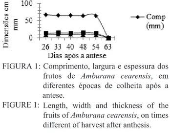 FIGURA 1: Comprimento, largura e espessura dos         frutos de Amburana cearensis, em            diferentes épocas de colheita após a                      antese.