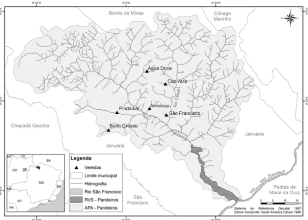 FIGURA 1: Localização e delimitação da Área de Proteção Ambiental do Rio Pandeiros, norte de Minas  Gerais, situando as veredas selecionadas neste estudo.