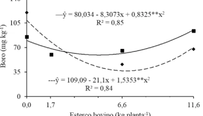 FIGURA 5: Teores de boro em folhas de plantas de  noni sob adubação com esterco bovino  em solo sem (---) e com (—) potássio