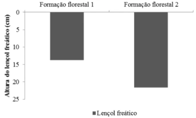FIGURA 1:  Profundidade média (N=30) do lençol  freático  em  duas  formações  florestais  periodicamente inundadas, na ilha da  Marambaia, RJ.