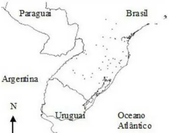FIGURE 1:  Location  of  the  58  forest  areas  in  southern Brazil, belonging to different  physiognomies  used  in  floristic  analysis.