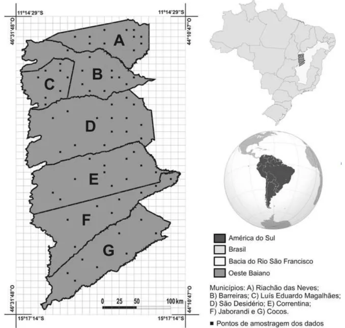 FIGURA 1:  Localização da área de estudo apresentando os sete municípios estudados no Oeste Baiano,  Bahia, Brasil.