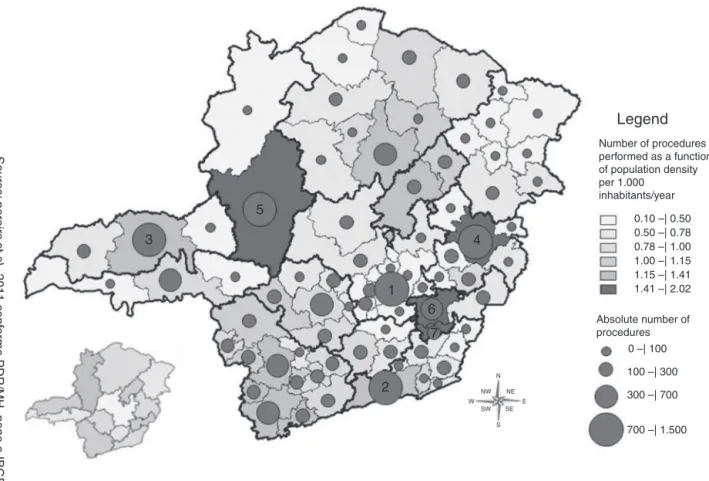 Figure 1 Spatial distribution according to micro- and macro-region of the ‘‘Assessment and Diagnosis’’ procedure per 1000 inhabitants/year and frequency.
