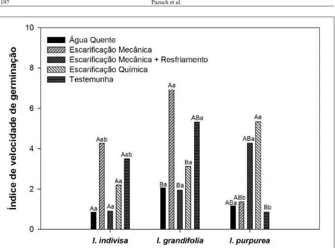 Figura 3 - Índice de velocidade de germinação de sementes de três espécies de Ipomoea em função de diferentes tratamentos para  superação da dormência