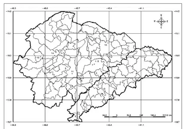 Figura 1 - Carta política das mesorregiões Norte e Vale Jequitinhonha de Minas Gerais, com pontos representando os 15  sítios de ocorrência da erva-baleeira (Varronia curassavica).