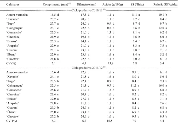 Tabela 3 - Comprimento, diâmetro, acidez titulável, sólidos solúveis (SS, expresso em ºBrix) e relação SST/acidez em frutos oriundos dos ciclos produtivos 2010/11 e 2011/12 de plantas de cultivares de amoreiras em Lavras - MG