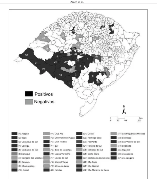 Figura 1 - Municípios amostrados e resultados da pesquisa para Campylobacter fetus no período de 1999 a  2010, no estado do Rio Grande do Sul.