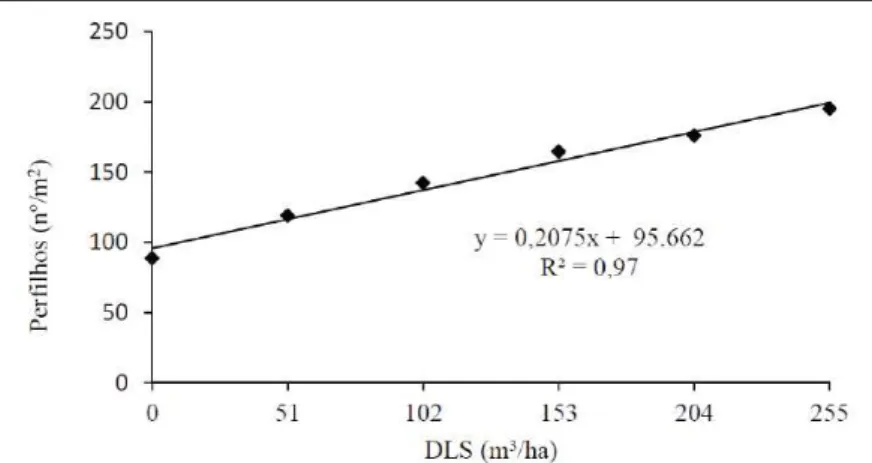 Figura 2 - Número médio de perfi lhos da grama-tapete (Axonopus affi nis) em função  da média de doses de dejeto líquido de suínos, aplicadas entre 2008 e 2010