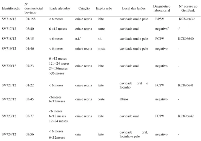 Tabela 1 – Surtos de doença vesicular em bovinos causados por parapoxvírus em Nova Brasilândia do Oeste (RO): características das propriedades, idade dos animais afetados, locais das lesões, curso clínico, diagnóstico laboratorial e número de acesso ao Gen
