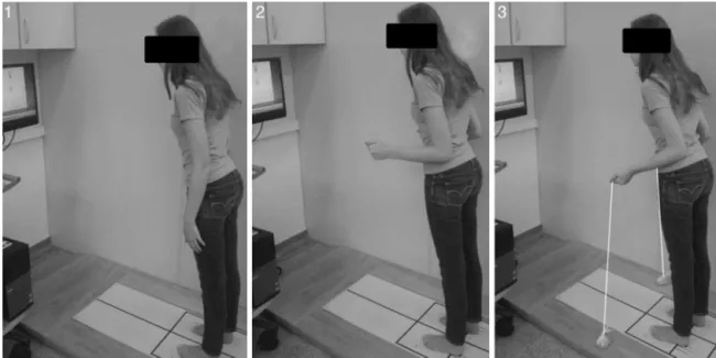 Figure 2 Positions adopted during evaluations using the Balance Master ® equipment. Position 1, standing with the arms along the body; position 2, standing with the elbows bent at 90 ◦ (simulating holding the anchors); and position 3, with elbows bent at 9
