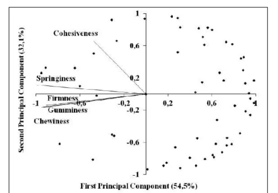 Figure 3 - Correlation of instrumental texture parameters and consumer with the principal components.