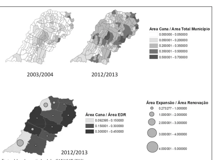 Figura 2 - Expansão do cultivo da cana-de-açúcar, por município, entre as safras de 2003/04 a 2012/13; Área de ocupação, em porcentagem,  e a razão entre área de expansão e renovação de cana-de-açúcar, por EDR, na safra 2012/13.