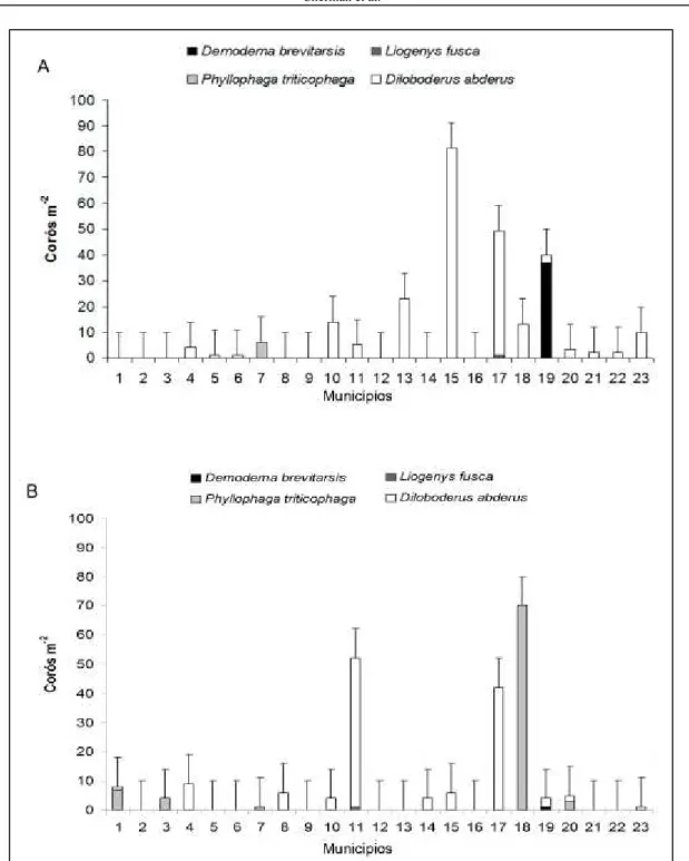 Figura 3 - Espécies de corós-praga ocorridas e densidade populacional em (A) áreas cultivadas e (B) não cultivadas no 