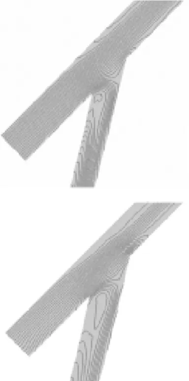 Figure 10 presents the lines of current for the anastomosis with angles of 30º and 90º