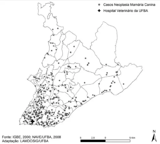 Figura  1  -  Distribuição  espacial  dos  casos  de  neoplasia  mamária  canina  no  município  de  Salvador, Bahia,  Brasil,  2006  a  2008.