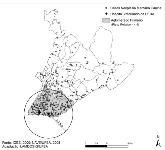 Figura  2  - Aglomerado  primário  dos  casos  de  neoplasia  mamária  canina  no  município  de  Salvador,  Bahia, Brasil,  2006  a  2008.