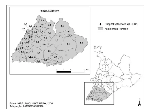 Figura  3  -  Risco  relativo  por  Zona  de  Informação  do  aglomerado  primário  dos  casos  de  neoplasia mamária  canina  no  município  de  Salvador,  Bahia,  Brasil,  2006  a  2008.