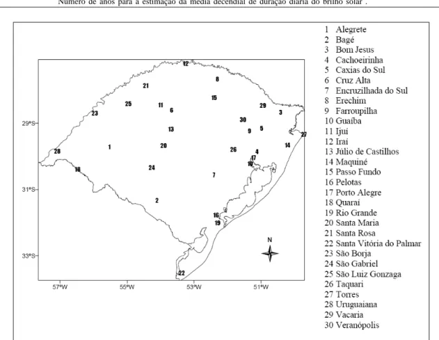 Figura 1 - Mapa do Estado do Rio Grande do Sul com a localização dos 30 locais utilizados neste estudo.
