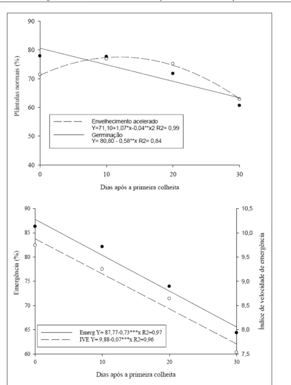 Figura 1 - Germinação, envelhecimento acelerado, emergência em leito de areia e índice de velocidade de emergência (IVE) de sementes de milho colhidas com teor de água de 25% e 10, 20 e 30 dias depois da emergência