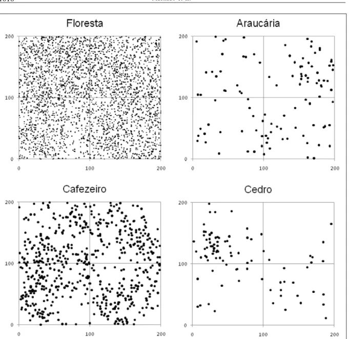 Figura 1 - Mapa da distribuição espacial da floresta e das espécies selecionadas dentro da parcela de 4ha, fragmento de Floresta Ombrófila Mista, Curitiba – PR.