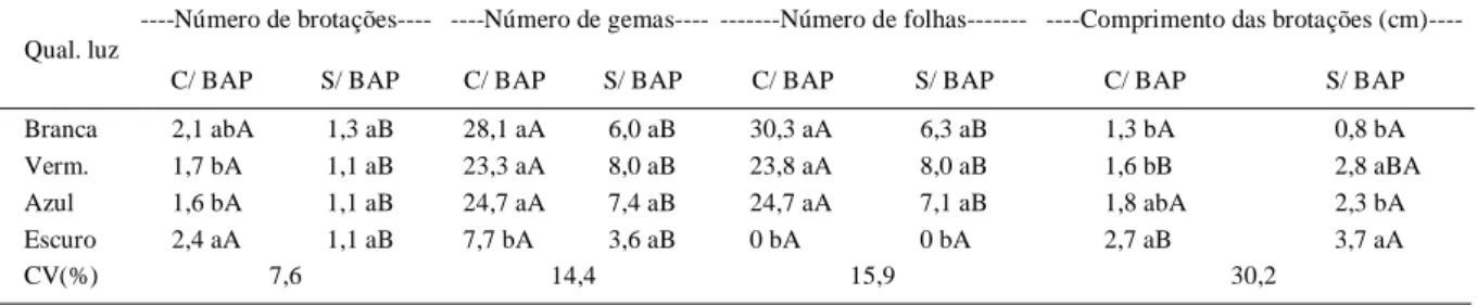 Tabela 1 - Número de brotações, gemas e folhas e comprimento de brotações da amoreira-preta ‘Xavante’ em função da qualidade de luz e presença (C, 0,8mg L -1 ) e ausência (S, 0mg L -1 ) de 6-benzilaminopurina (BAP).