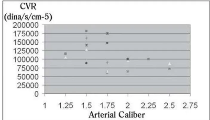 Fig. 4 - Study of cases. Relationship between arterial caliber and CVR. Note that the variability of the CVR is not directly proportional to the caliber