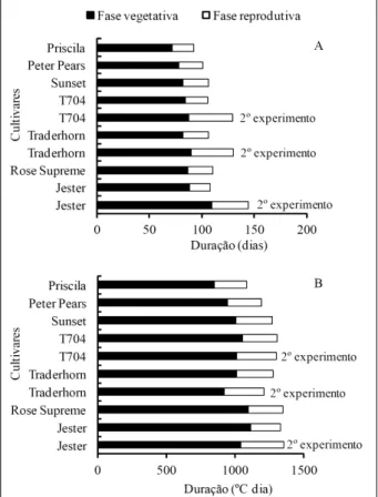 Figura 1 - Duração em dias (A) e em ºC dia (B) das fases vegetativa (plantio-espigamento) e reprodutiva  (espigamento-final de floração) de cultivares de gladíolo em dois experimentos (primavera/verão de 2010/11 e outono/ inverno de 2011)