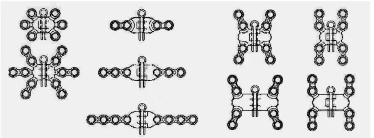 Fig. 1 - Models of plates with central pin - From right to left.: Star, straight, “X”, “H”