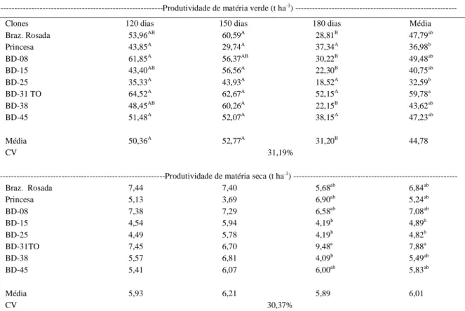 Tabela 3 - Valores médios de produtividade de matéria verde e produtividade de matéria seca de ramas frescas de clones de batata-doce em diferentes épocas de colheita
