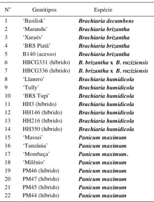 Tabela 1  -  Lista  dos 22 genótipos  mostrando o  nome  da  cultivar ou o número de identificação (para acessos e híbridos) e sua respectiva espécie, na Embrapa Gado de Corte.