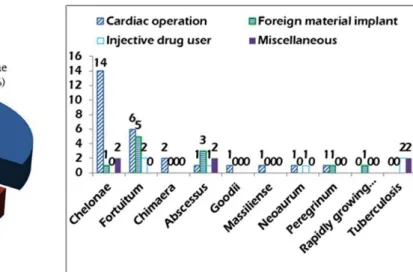 Fig. 4 - Distributions of the mycobacteria responding to the four  predisposing risk factors.