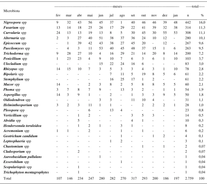 Tabela 1 - Distribuição mensal da microbiota fúngica filamentosa isolada do tegumento hígido de bovinos de corte no Oeste do RS, durante o período de um ano.