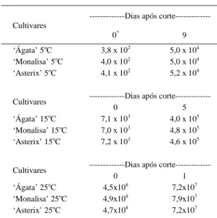 Tabela 1 - Contagem total de bactérias psicrotróficas em batatas das cultivares Ágata, Monalisa e Asterix minimamente processadas e armazenadas em diferentes temperaturas.