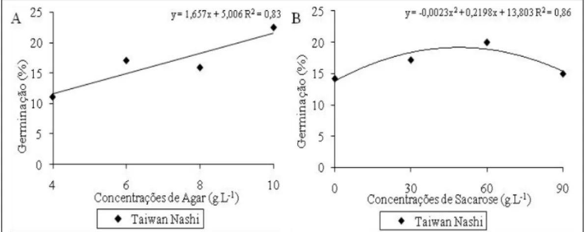 Figura 2 - Porcentagem de grãos de pólen germinados in vitro do porta-enxerto ‘Taiwan Nashi-C’ quando submetidos a diferentes concentrações de agar (2A) e sacarose (2B), avaliando-se quatro repetições de 150 pólen cada
