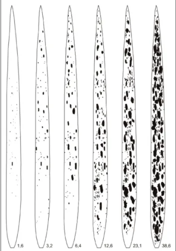 Figura 1 - Escala diagramática da mancha-parda do arroz indicando os níveis de 1,6; 3,2; 6,4; 12,6; 23,1 e 38,6% de severidade da doença.