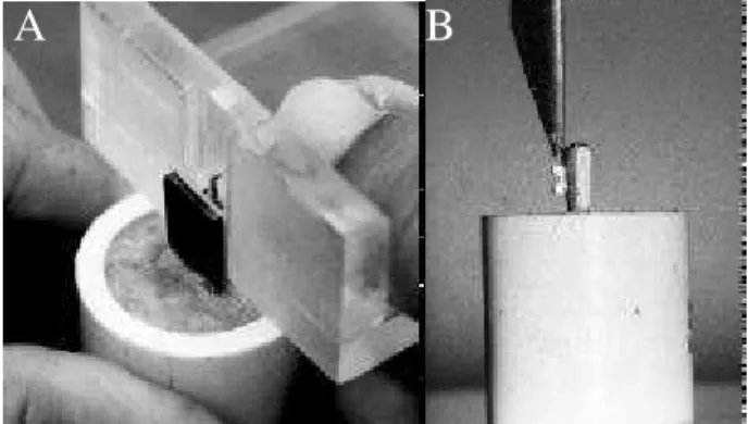 Figure 1. A) Special acrylic apparatus used to fix the bracket into position and removed after resin polymerization