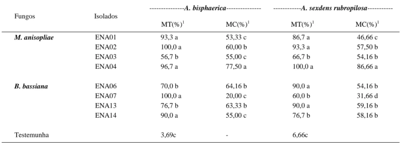 Tabela 2 - Mortalidade total (MT) e mortalidade confirmada (MC) de soldados de Atta bisphaerica e Atta sexdens rubropilosa após 72h da inoculação com isolados de Metarhizium anisopliae e Beauveria bassiana em condições de laboratório.