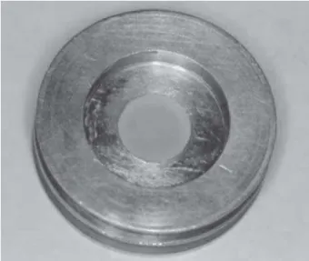 Figure 1. Stainless steel matrix with the test specimen. Upper view of the composite resin/adhesive system/composite resin setting.