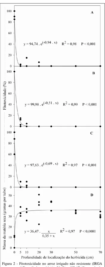 Figura  2  -  Fitotoxicidade  no  arroz  irrigado  não  resistente  (IRGA 417) avaliada aos 14 (A), 28 (B) e 42DAT (C) e produção da  massa  da  matéria  seca  aos  42DAT  (D),  em  resposta à  localização  do  herbicida  composto  pela  mistura formulada 