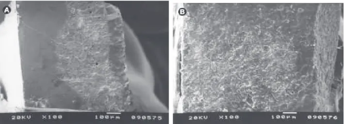 Figure 3. SEM micrograph of a fractured specimen from G1 (×150) (A); SEM micrograph of a fracture specimen from G2 (×150) (B).