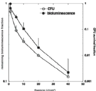 Figure 1. Correlation between the loss of viability curves by CFU and by loss of luminescence.