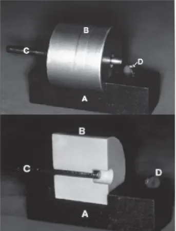 Figure 1. Matrix’s set components. A= Base; B = Matrix; C = Pin – specimen removal; D = Spacer disk.