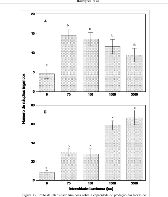 Figura 1 - Efeito da intensidade luminosa sobre a capacidade de predação das larvas do peixe-rei marinho Odontesthes argentinensis em função da idade