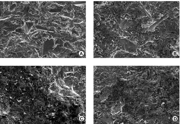 Figure 1. SEM micrographs of non-welded commercially pure titanium rods after airborne particle abrasion with different aluminum  oxide particle sizes: 250 µm (A), 180 µm (B), 110 µm (C) and 50 µm (D).