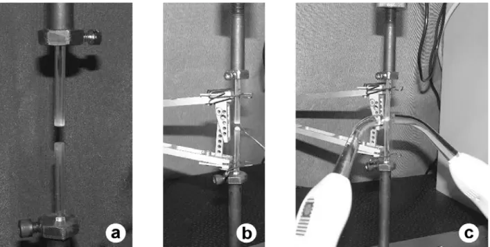 Figure 1. Specimen fabrication. A = glass rods in the testing machine in a vertical position; B = Placement of a composite resin increment  on the flat end of the lower rod; C = Simultaneous photoactivation of the composite resin increment.