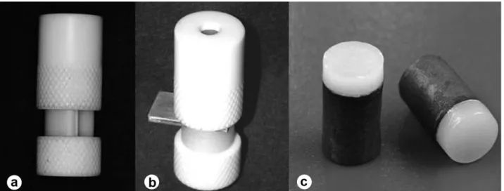 Figure 1. Specimen fabrication. A: Fluorocarbon resin matrix with 8 mm spacer positioned to obtain the resin-wax patterns