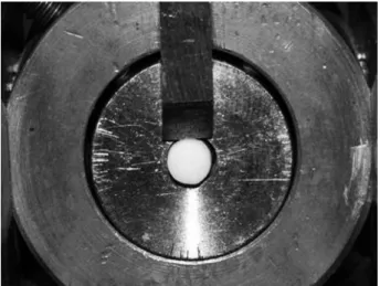 Figure 2. Shear bond strength testing, showing force being applied  at the metal-ceramic interface.