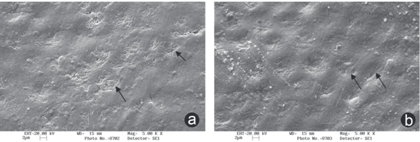 Figure 1. SEM micrographs illustrating the changes in enamel morphology after treatments