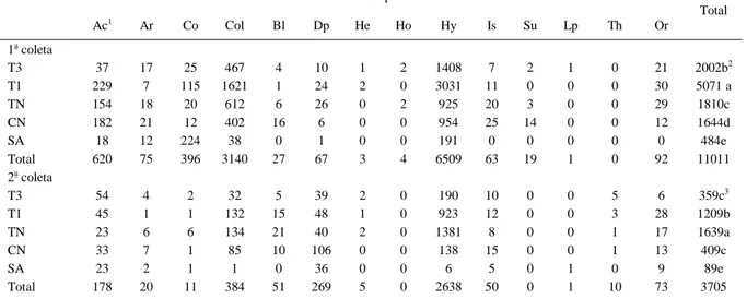 Tabela 3 - Abundância de organismos na primeira (fevereiro/2006) e na segunda coleta (maio/2006), por grupo de artrópodes edáficos e total em cada tratamento (T3=área com plantio de Lupinus albescens há três anos, T1=área com plantio de Lupinus albescens h